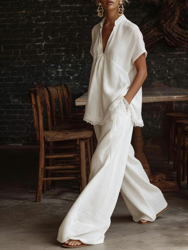 Women's Linen Two Piece Set Wide Leg Trousers and Short Sleeve Top Shirt