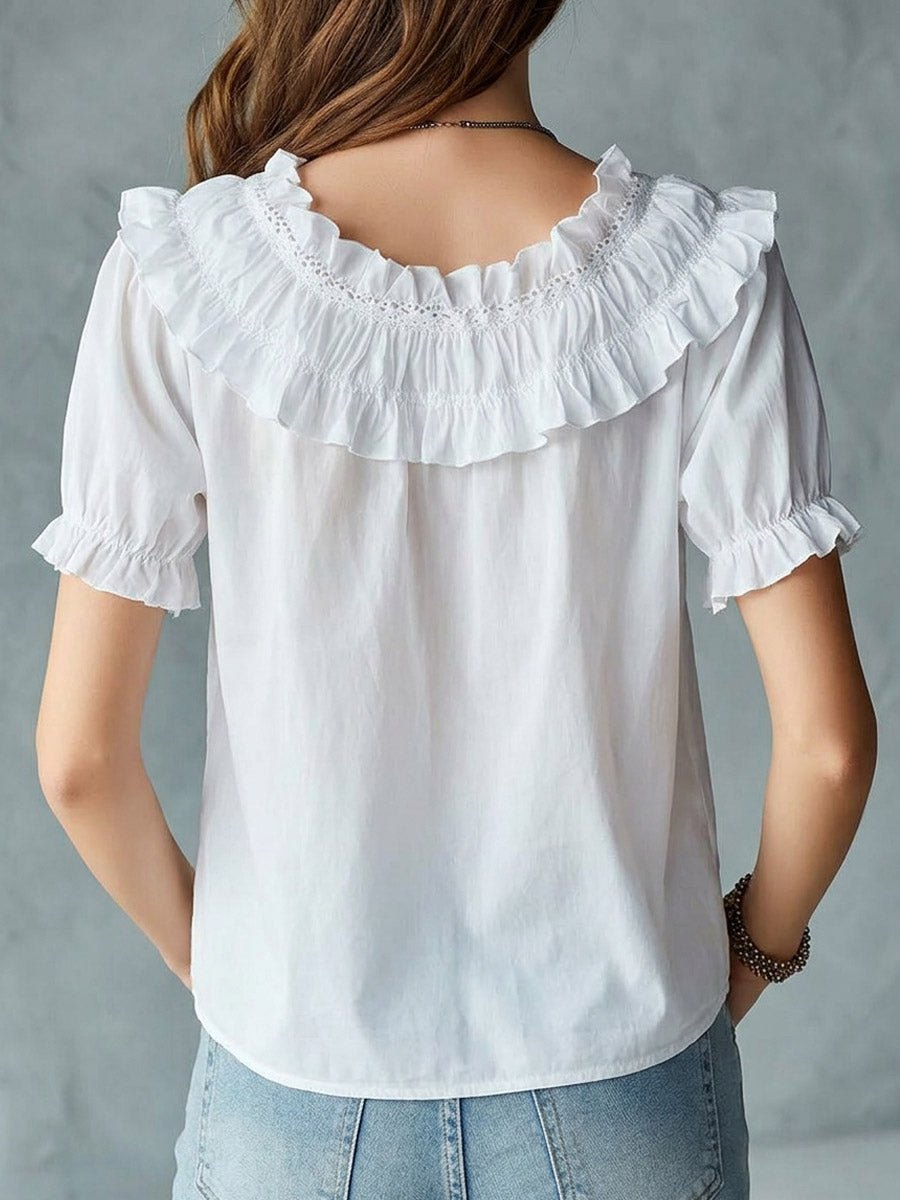 Women's Linen Ruffle Blouse Short Sleeve Top