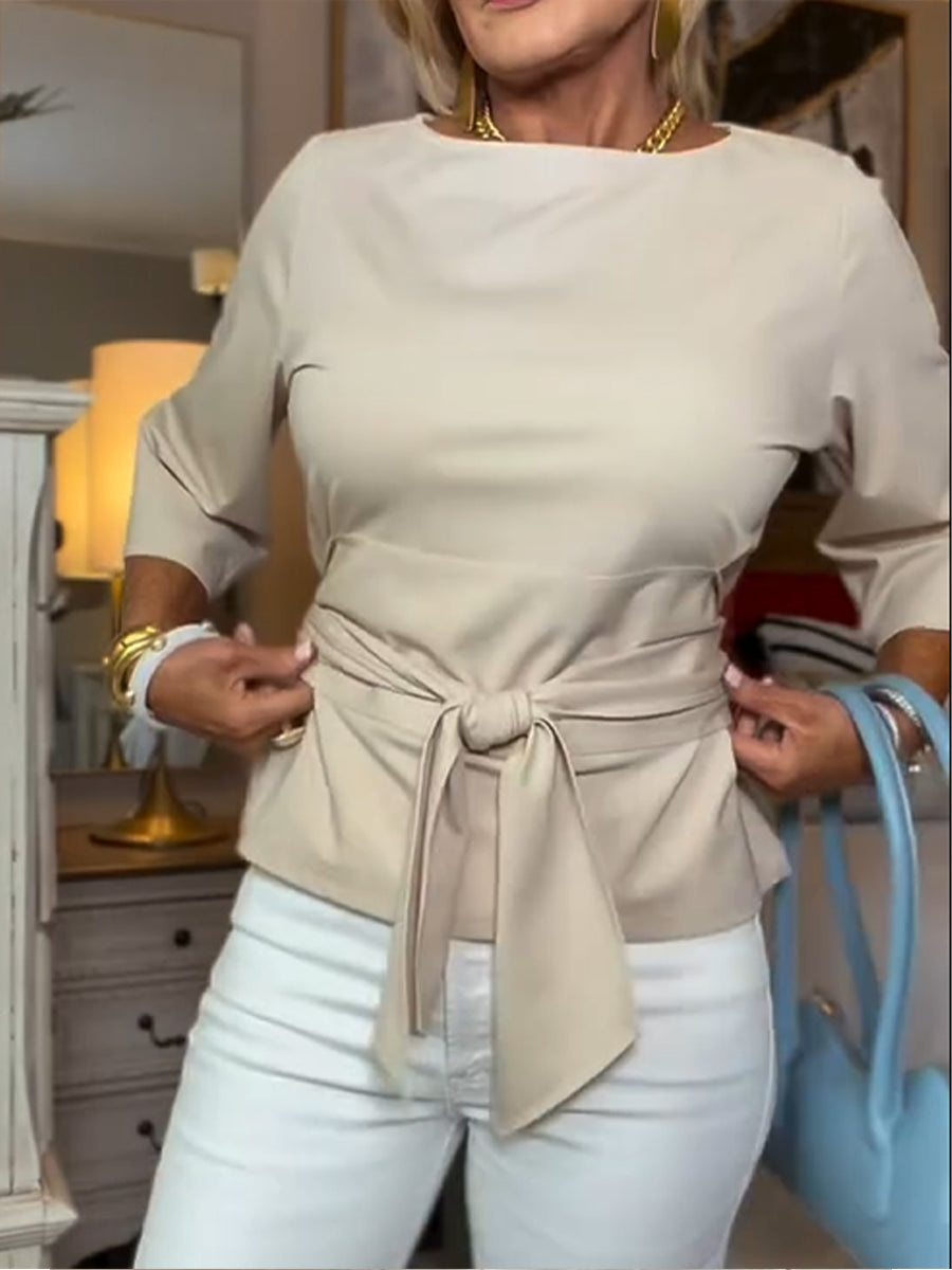 Women's Linen Tie-Front Boat Neck Blouse 3/4 Sleeve Top