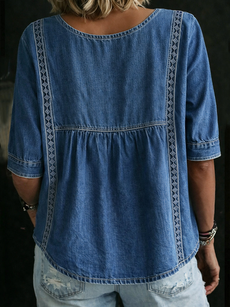 Women's Denim V-Neck Peplum Tunic Top
