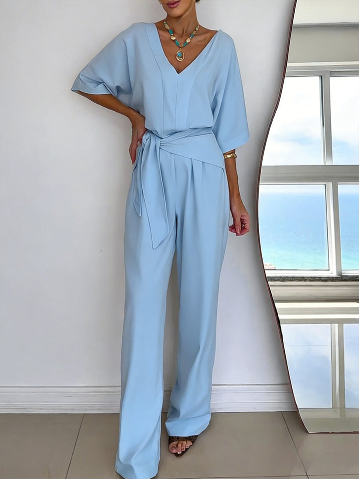 Women's Linen Jumpsuit V-Neck Short Sleeve Belted Wide Leg One Piece Romper