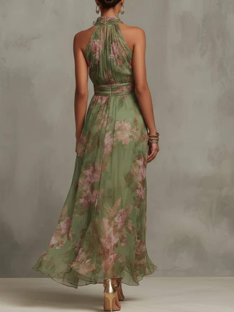 Women's Floral Halter Neck Silk Maxi Dress