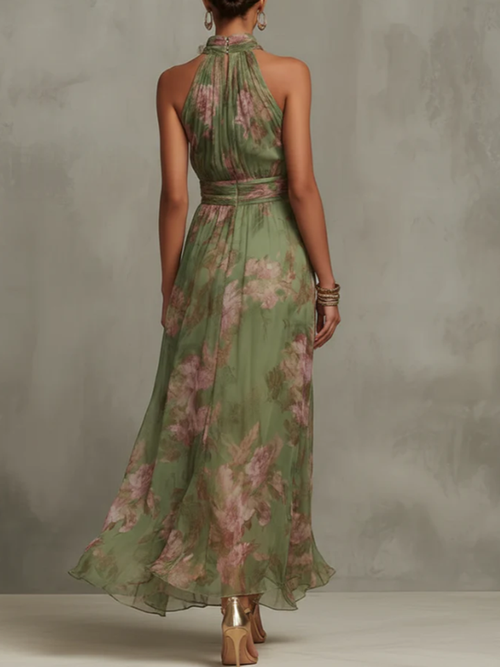 Women's Floral Halter Neck Silk Maxi Dress