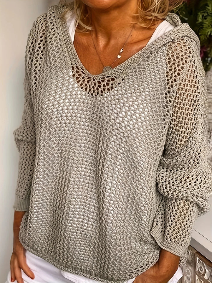 Women's Knit V-Neck Loose Crochet Mesh Oversized Jumper Hoodie
