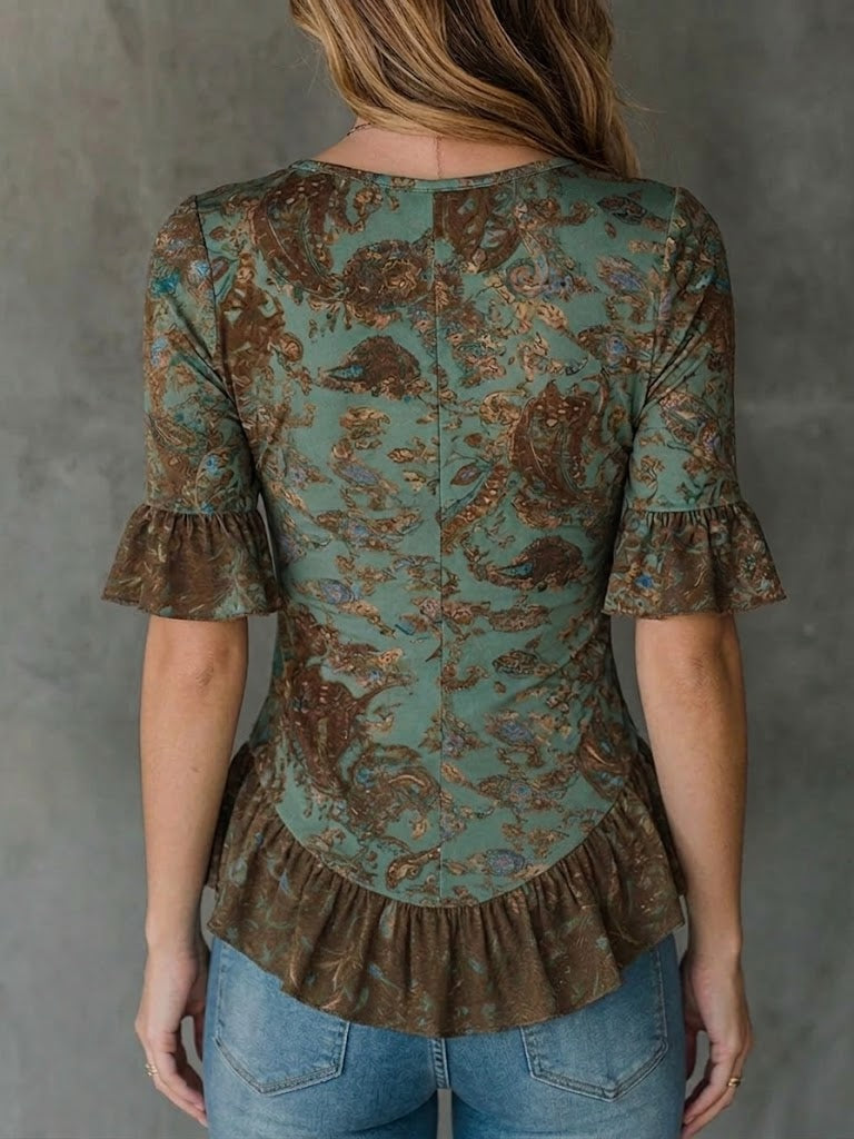 Women's Knit Blend V-Neck Short Sleeve Ruffle Blouse