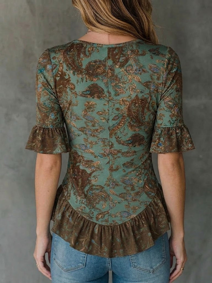 Women's Knit Blend V-Neck Short Sleeve Ruffle Blouse