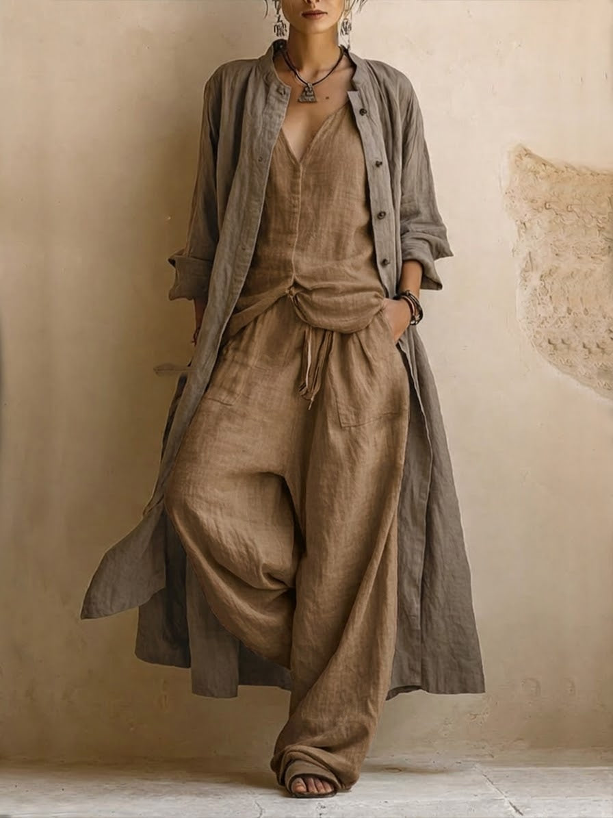 Women Linen 3-Piece Matching Lounge Pants Set