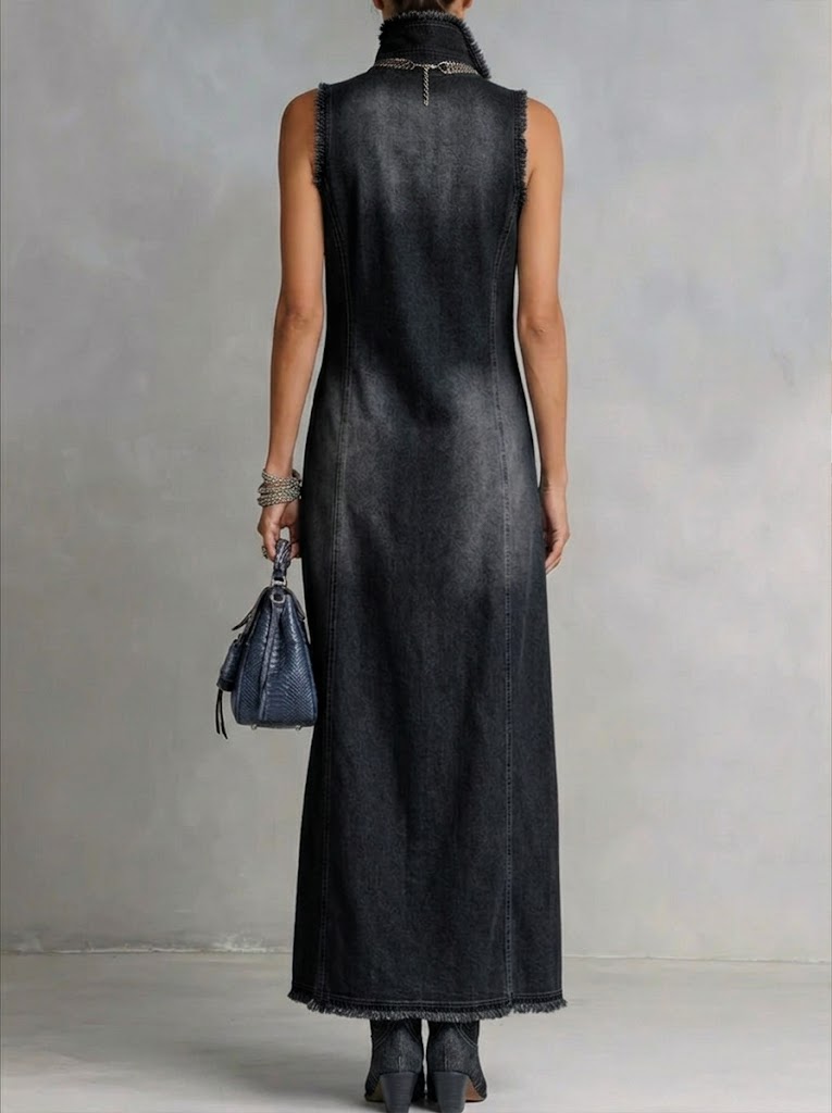 Women's High Neck Sleeveless Denim Maxi Dress with Split Hem