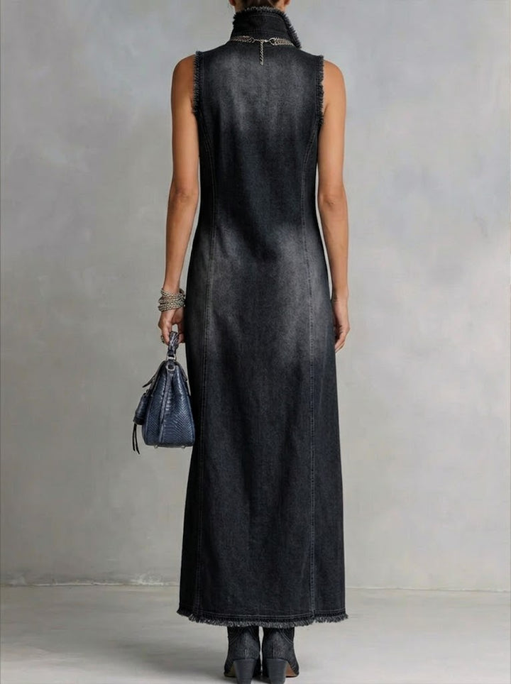Women's High Neck Sleeveless Denim Maxi Dress with Split Hem