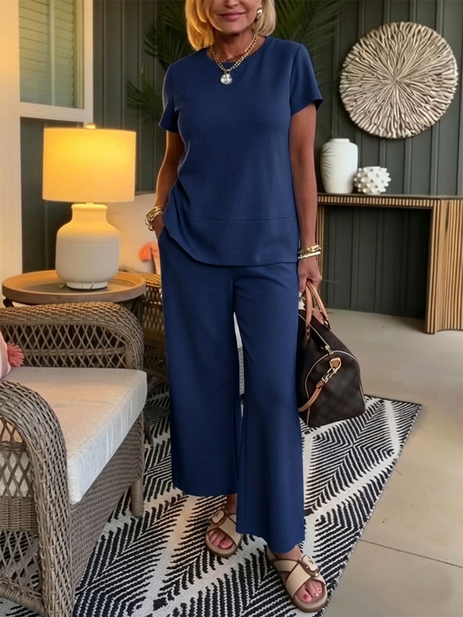 Women's Knit Short Sleeve Crewneck Top & Wide Leg Pants Two-Piece Set