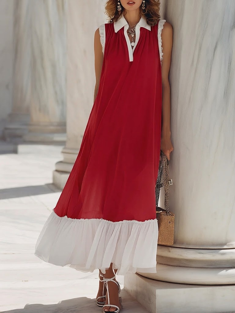 Women's Linen Blend Sleeveless V-Neck Pleated Hem Maxi Dress