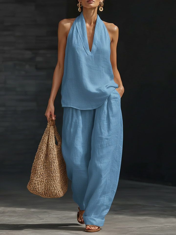 Women's Linen Halter Neck Top and Wide Leg Trousers Two Piece Set