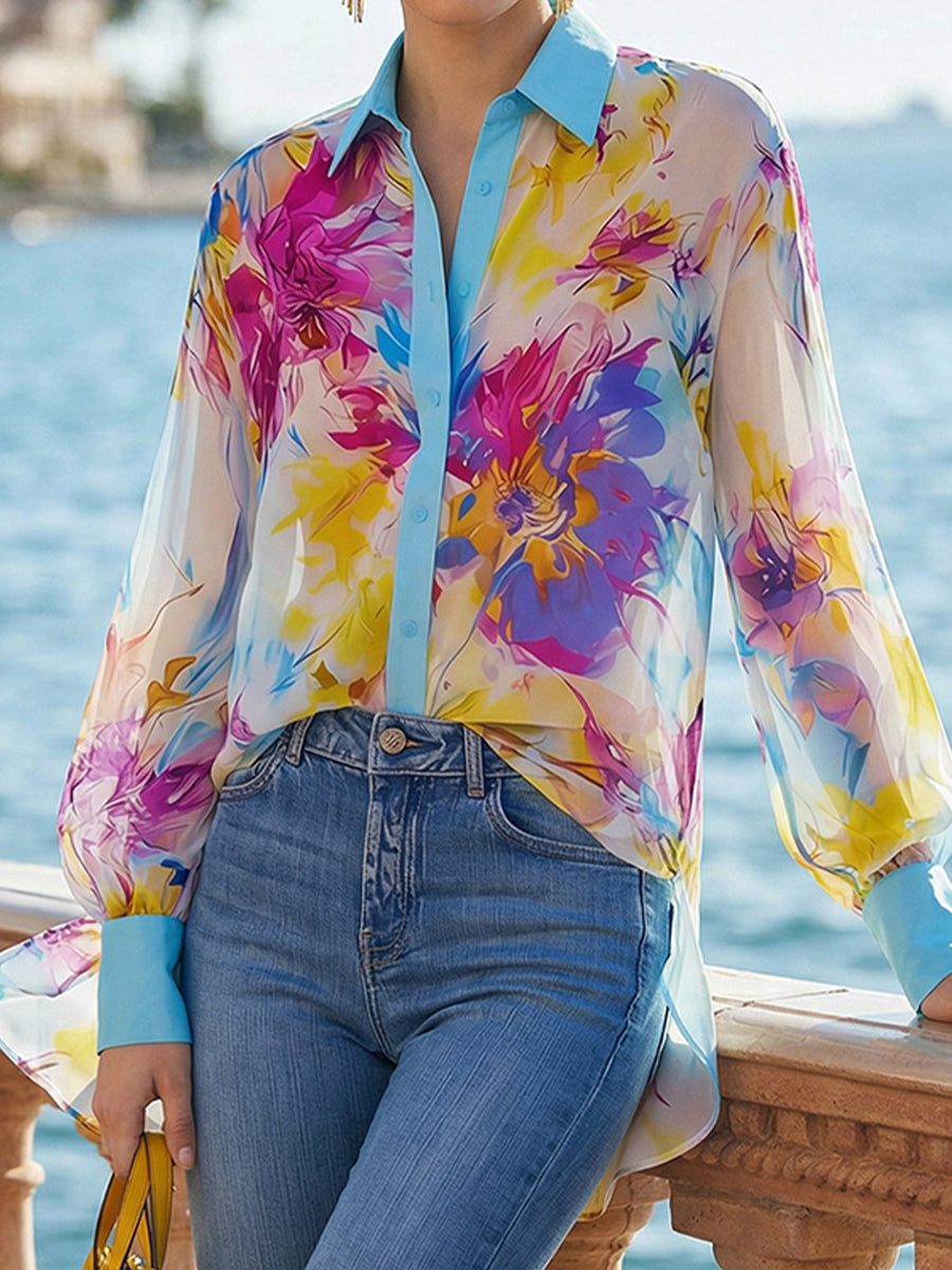 Women's Chiffon Blouse Sheer Long Sleeve Button Up Shirt