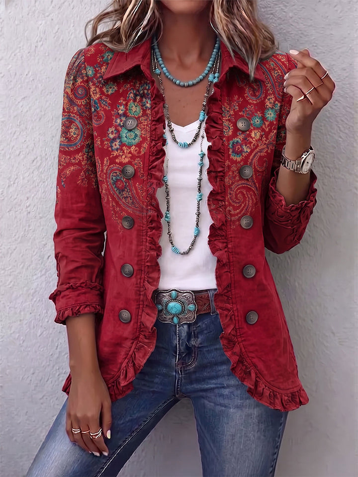 Women's Linen Blend Boho Embroidered Ruffle Shirt Jacket
