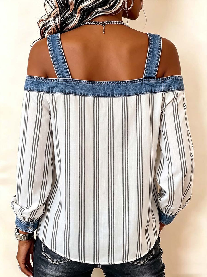 Blouse pour femme en mélange de lin rayé avec bretelles en denim et épaules dénudées