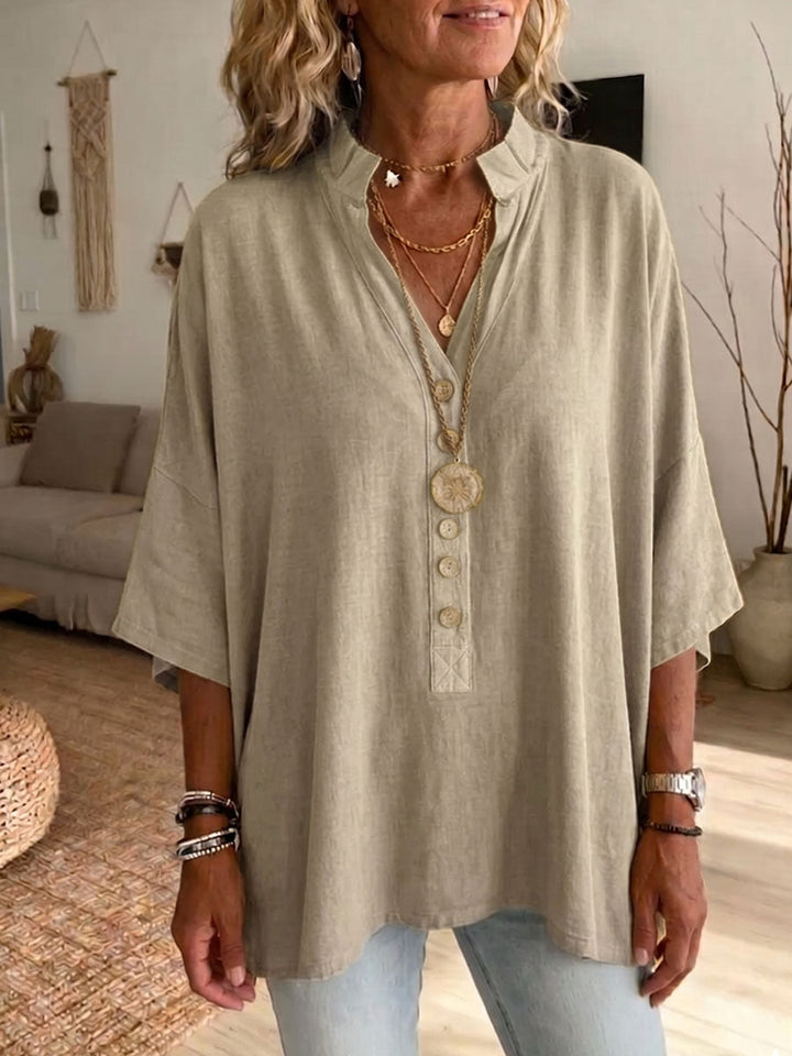 Women's Linen Blouse V Neck Loose Fit Shirt Tunic Top