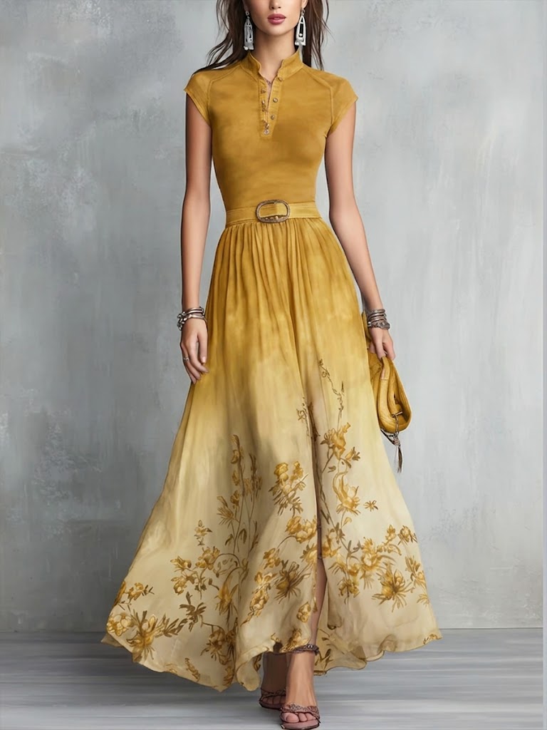 Women's Linen Blend Floral Maxi Dress with Belt