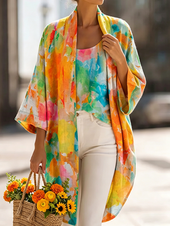 Women's Linen Kimono Cardigan & Tank Top Two-Piece Lounge Set