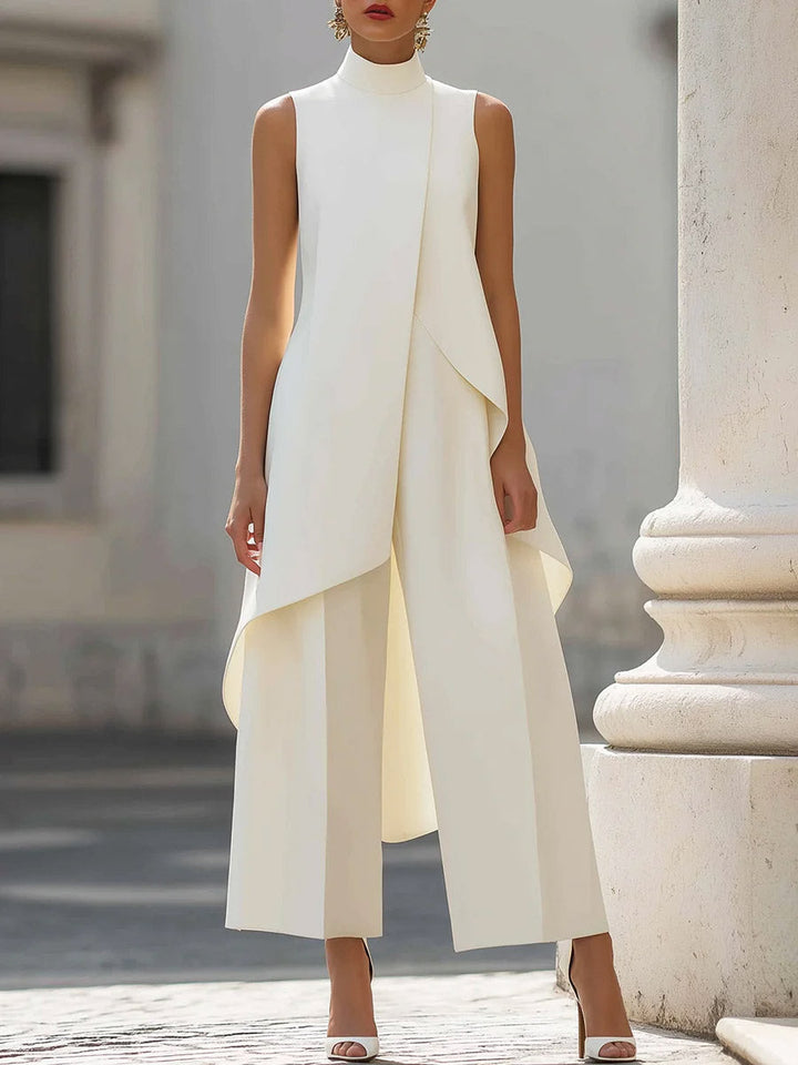 Women's Sleeveless Linen High Neck Asymmetric Top and Wide Leg Trousers Set