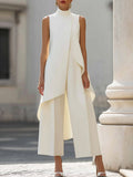 Women's Sleeveless Linen High Neck Asymmetric Top and Wide Leg Trousers Set