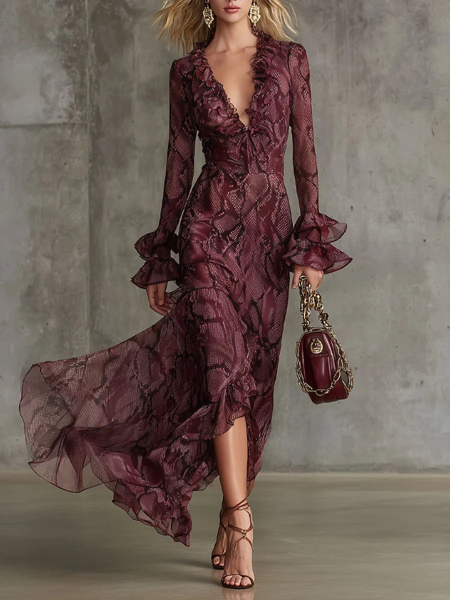 Women's Chiffon Maxi Dress Long Sleeve Ruffle Evening Gown