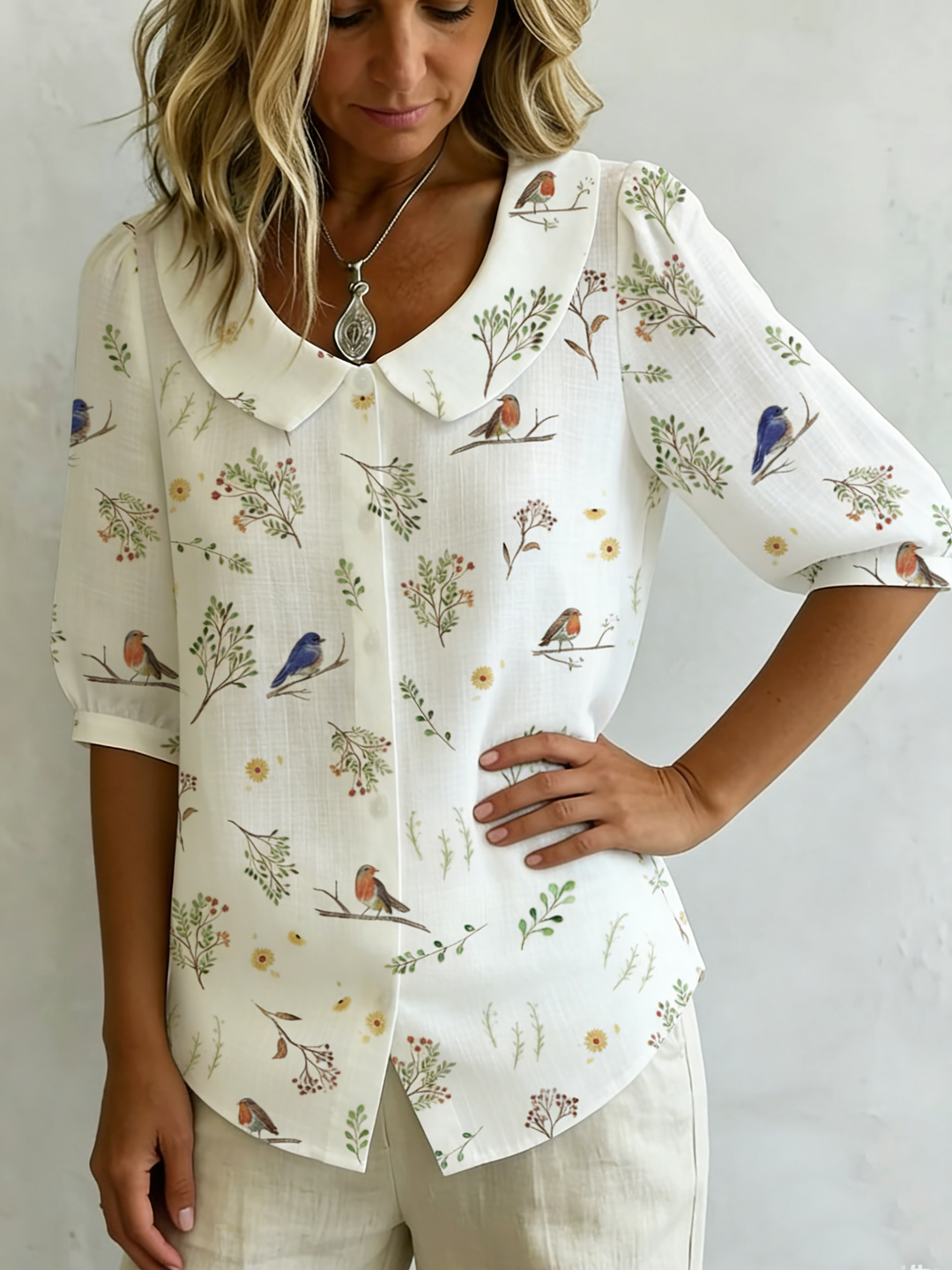 Women's Linen Blouse Bird Print Button Up Shirt Top