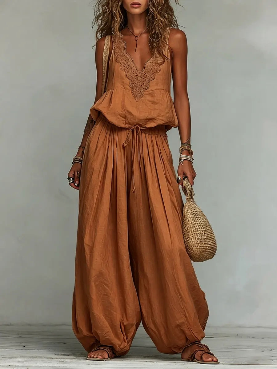 Women's Linen Boho Two Piece Set Sleeveless Top and Harem Pants Set