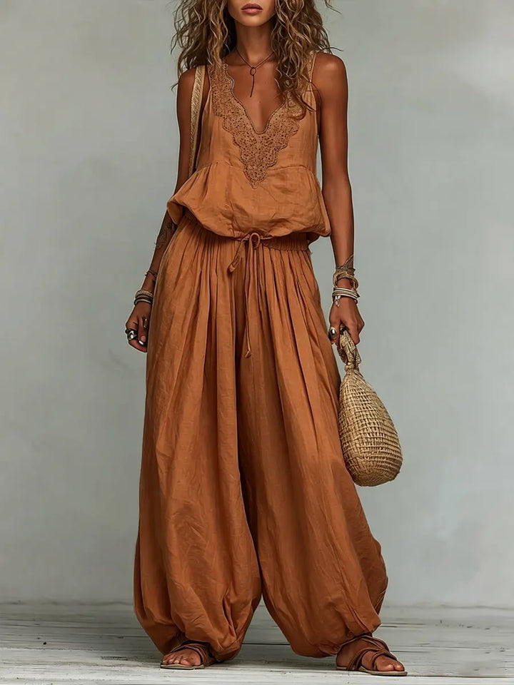 Women's Linen Boho Two Piece Set Sleeveless Top and Harem Pants Set