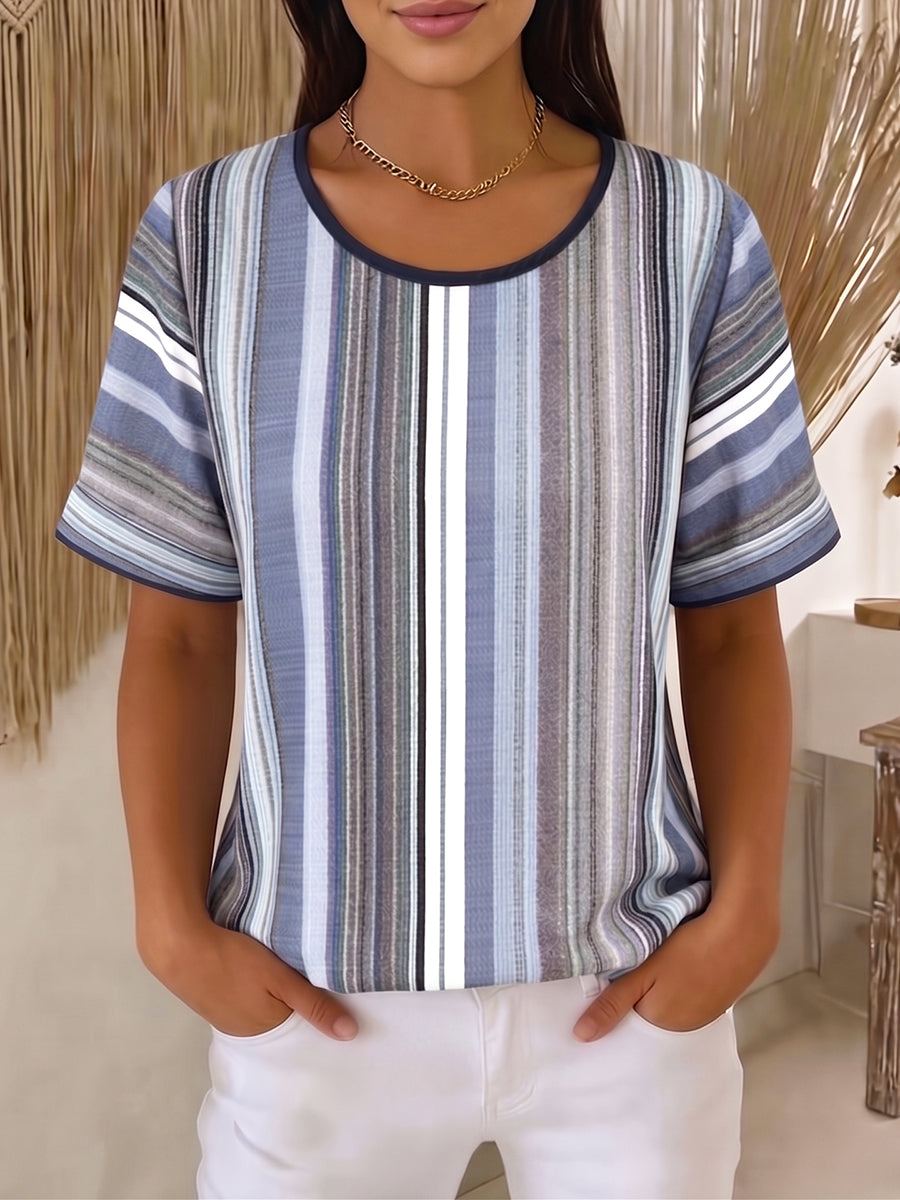 Women's Striped Knit T-Shirt Short Sleeve Linen Mix Top