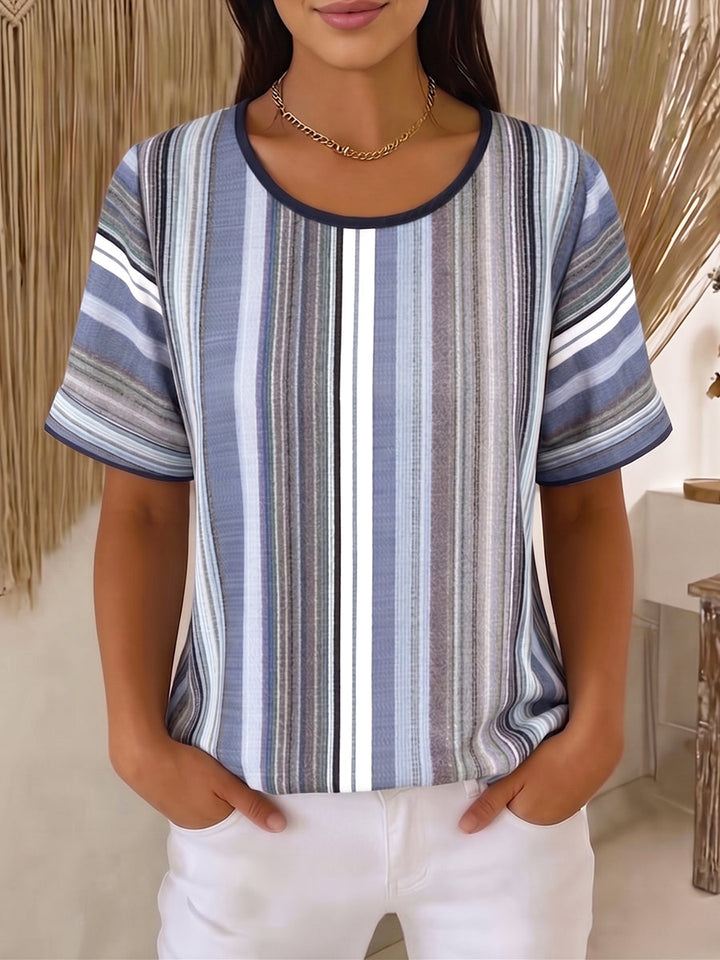 Women's Striped Knit T-Shirt Short Sleeve Linen Mix Top