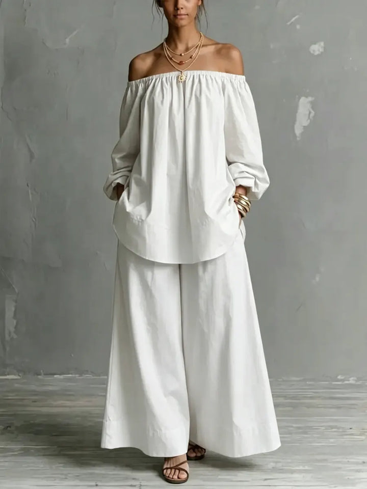 Women's Linen Off Shoulder Top and Wide Leg Trousers Two Piece Set