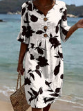 Women's Linen V-Neck Floral Print Shift Dress With Flutter Sleeves