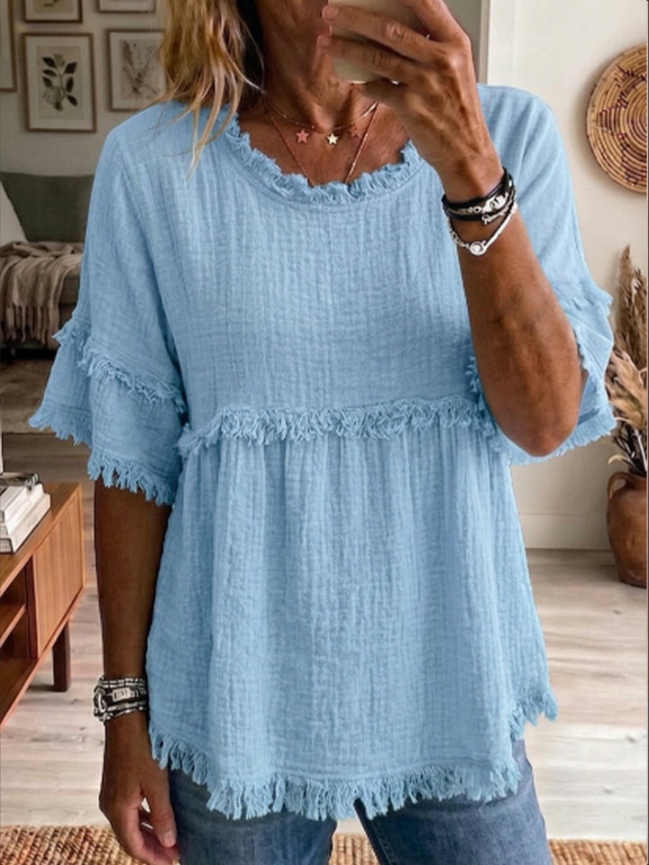 Women's Linen Blouse Ruffle Fringe Short Sleeve Flowy Top