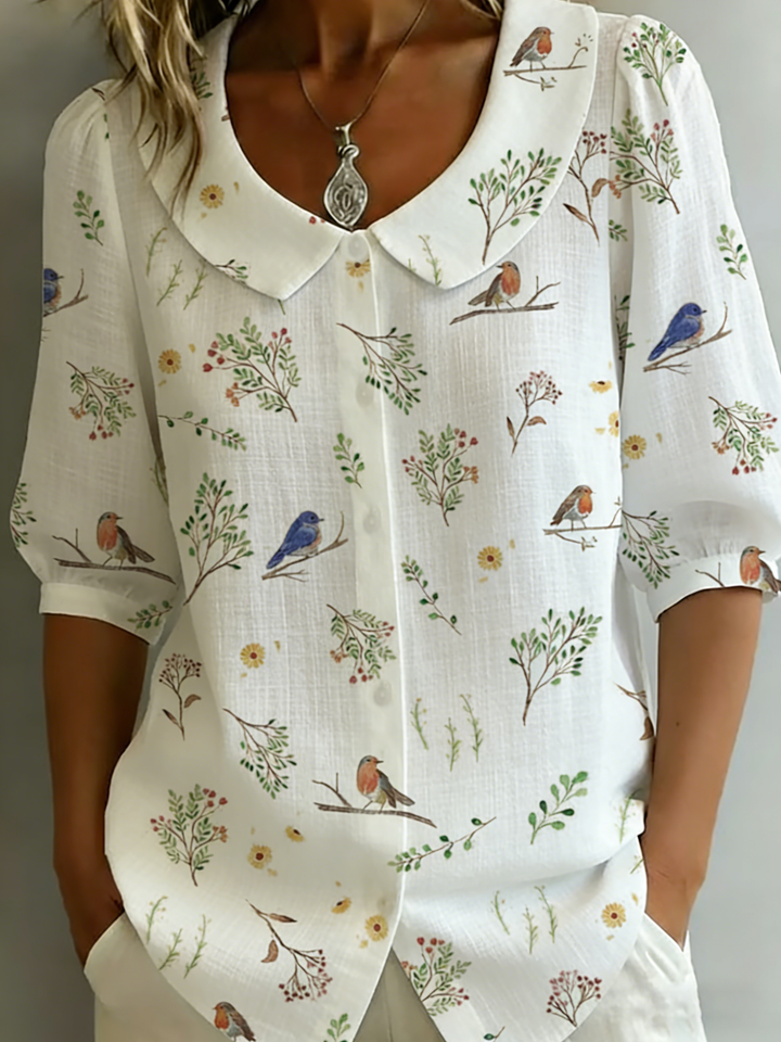Women's Linen Blouse Bird Print Button Up Shirt Top
