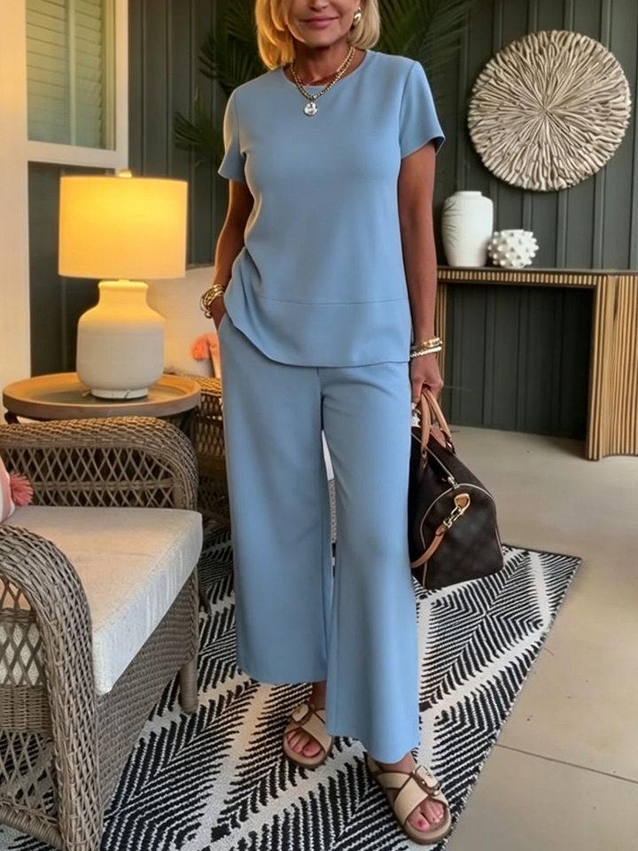 Women's Knit Short Sleeve Crewneck Top & Wide Leg Pants Two-Piece Set