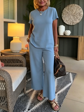 Women's Knit Short Sleeve Crewneck Top & Wide Leg Pants Two-Piece Set