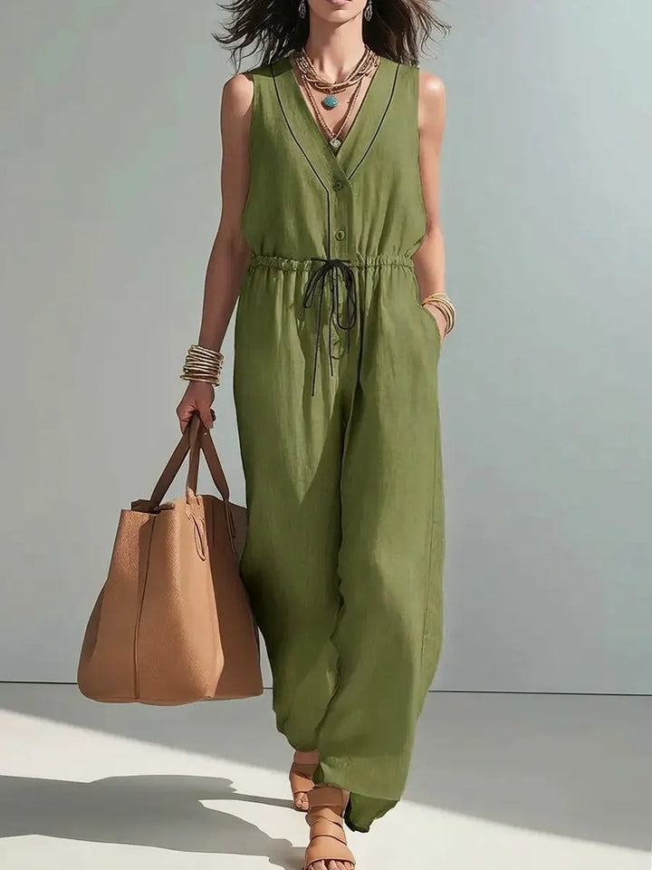 Linen Sleeveless V-Neck Jumpsuit for Women