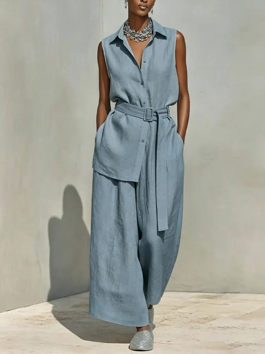 Women's Linen Sleeveless Shirt and Wide Leg Trousers Two Piece Set