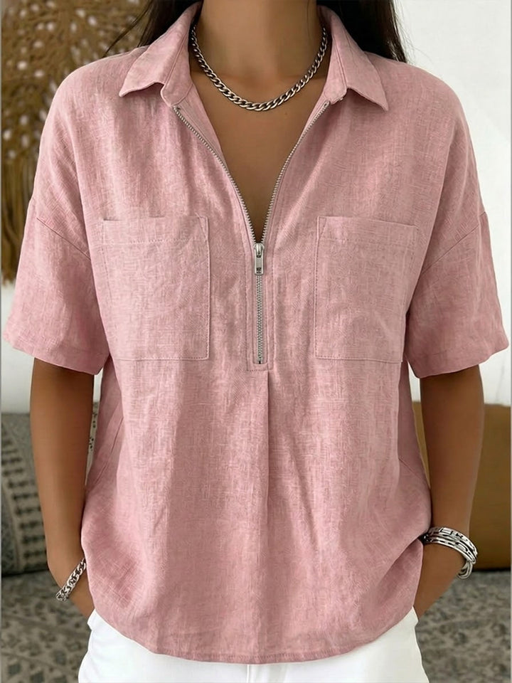 Women's Linen Blend Short Sleeve Zip Collar Polo Shirt