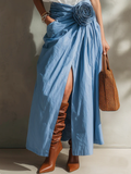 Women's Linen Blend Floral Detail Wrap Maxi Skirt