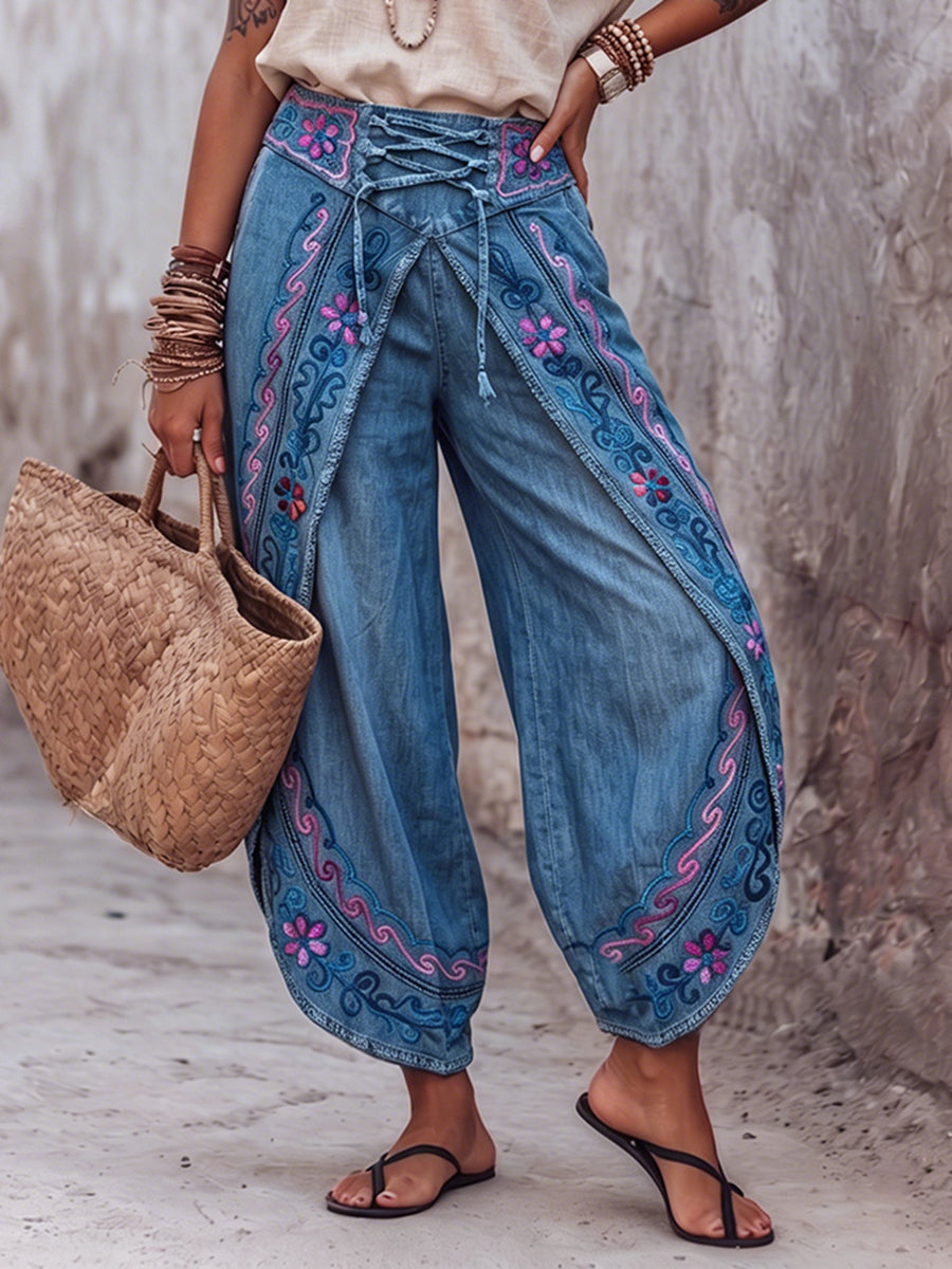 Women's Denim Wide Leg Boho Trousers Embroidered Hippie Harem Pants