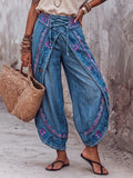 Women's Denim Wide Leg Boho Trousers Embroidered Hippie Harem Pants