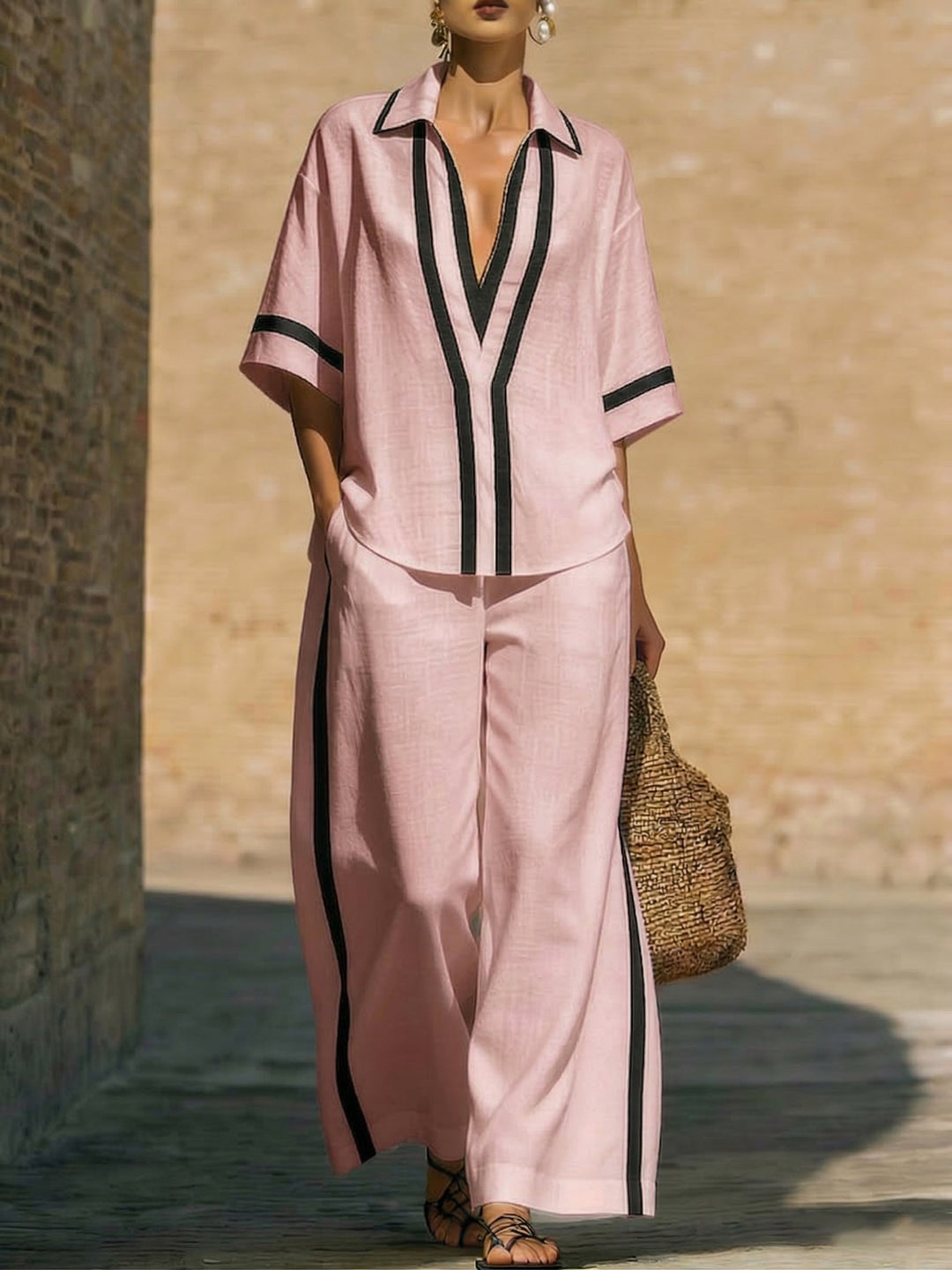 Women's Linen Two Piece Lounge Set Wide Leg Trousers V-Neck Shirt Top