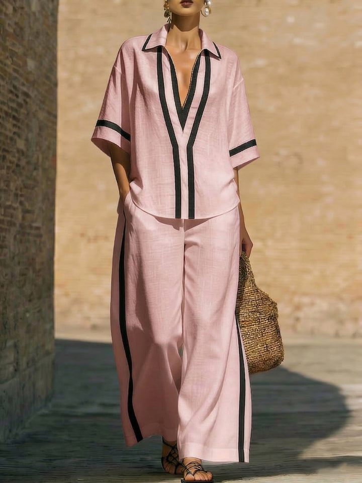 Women's Linen Two Piece Lounge Set Wide Leg Trousers V-Neck Shirt Top