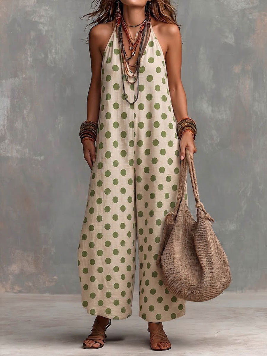 Women's Polka-Dot Halter Neck Linen Wide-Leg Jumpsuit