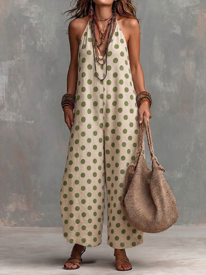 Women's Polka-Dot Halter Neck Linen Wide-Leg Jumpsuit