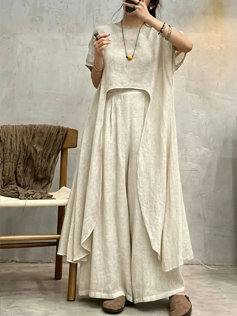 Women's Linen Wide Leg Trousers and Layered Top Set