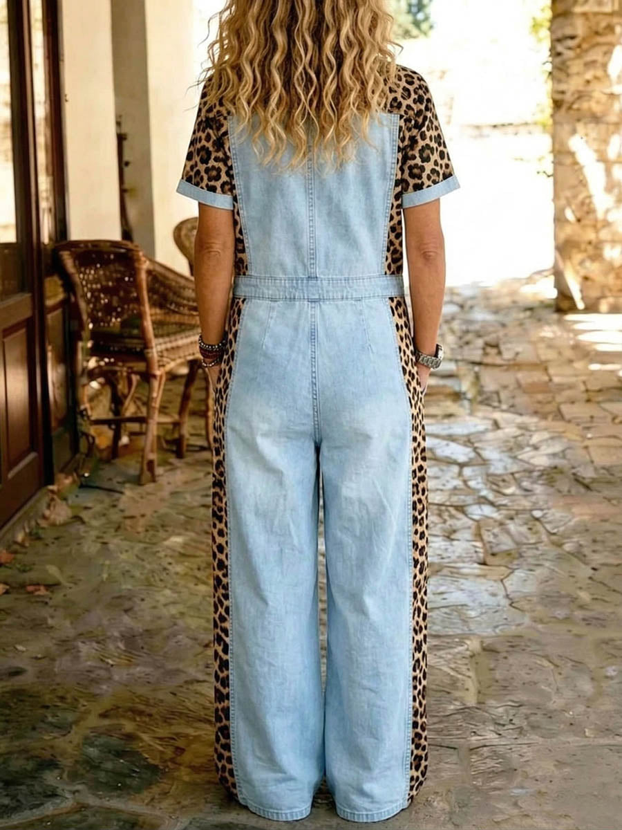 Women's Leopard Print Denim Short Sleeve Wide-Leg Jumpsuit