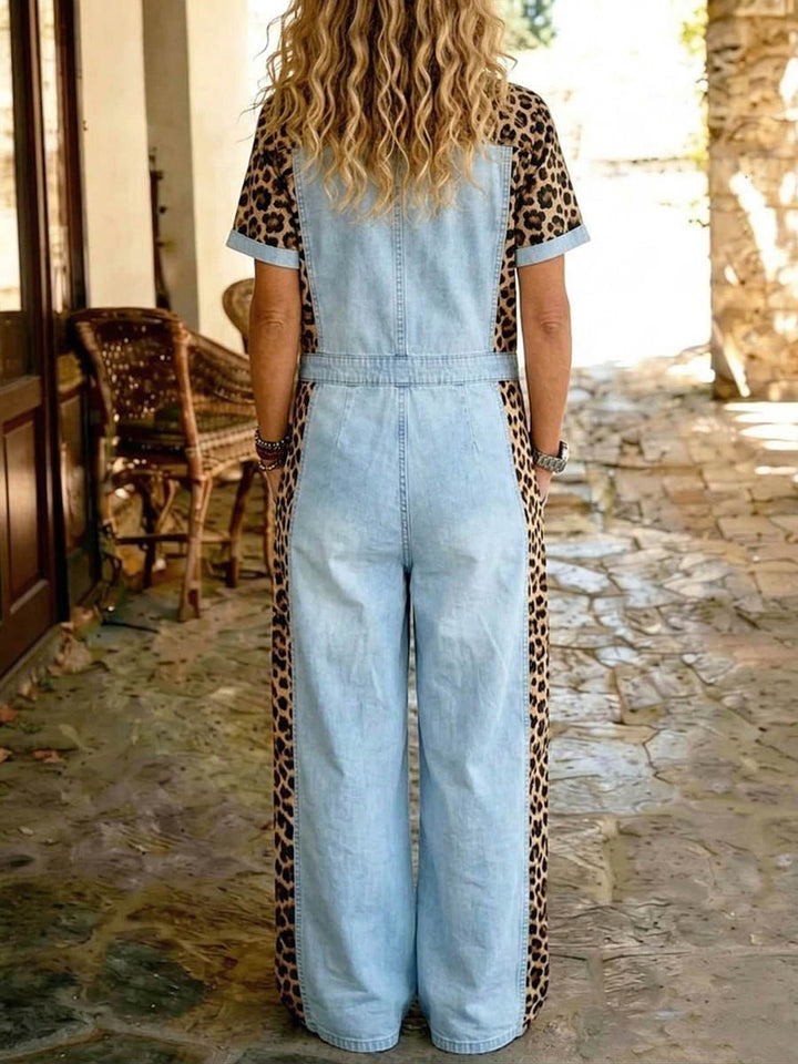 Women's Leopard Print Denim Short Sleeve Wide-Leg Jumpsuit
