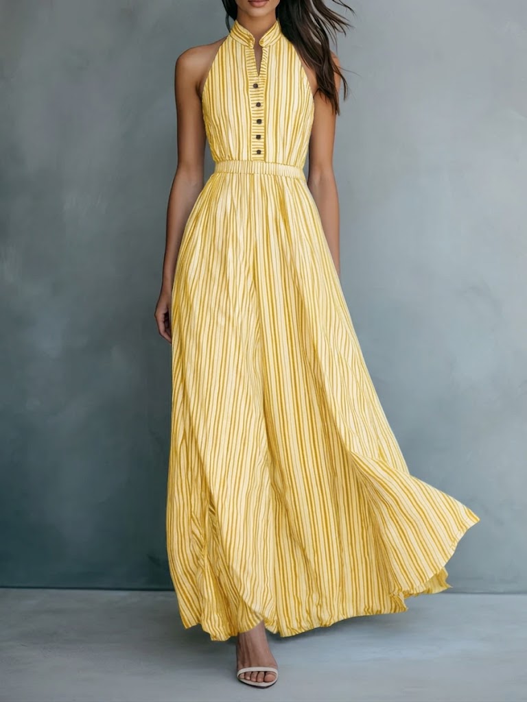 Linen Sleeveless Halter Neck Maxi Dress for Women